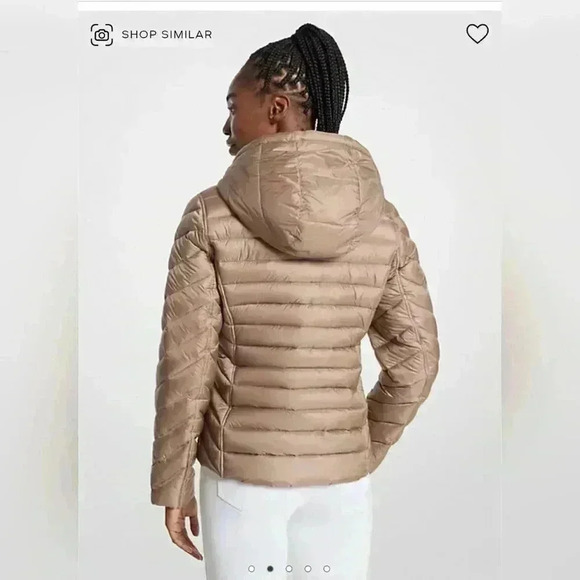 Michael Kors Taupe / Gold Tone Chevron Packable Down Coat Jacket Women's Size M - Picture 2 of 12